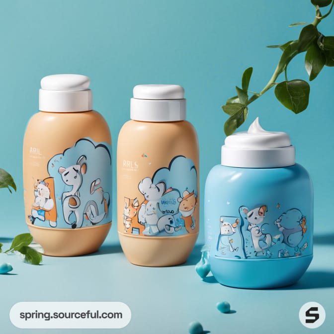 Three cartoon-illustrated bottles on blue background with plant element
