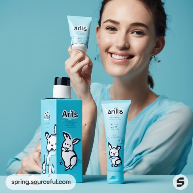 Smiling person holding blue tube and box with cartoon on blue background