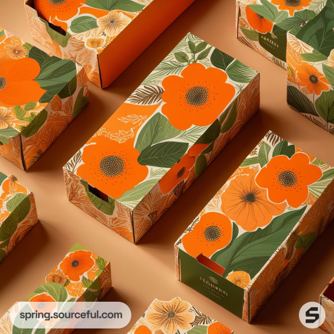 Floral-patterned cardboard boxes with orange and green designs on a brown background.