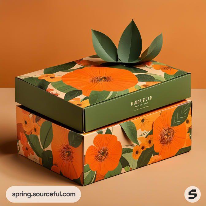 Floral-patterned gift box with green lid and orange flowers on a brown background.