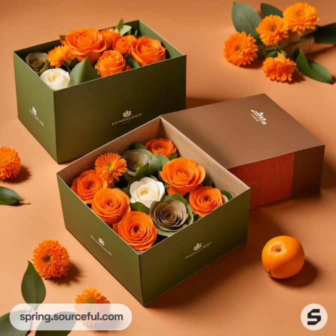 Green box with orange and white flowers on brown background surrounded by scattered orange blooms and fruit.