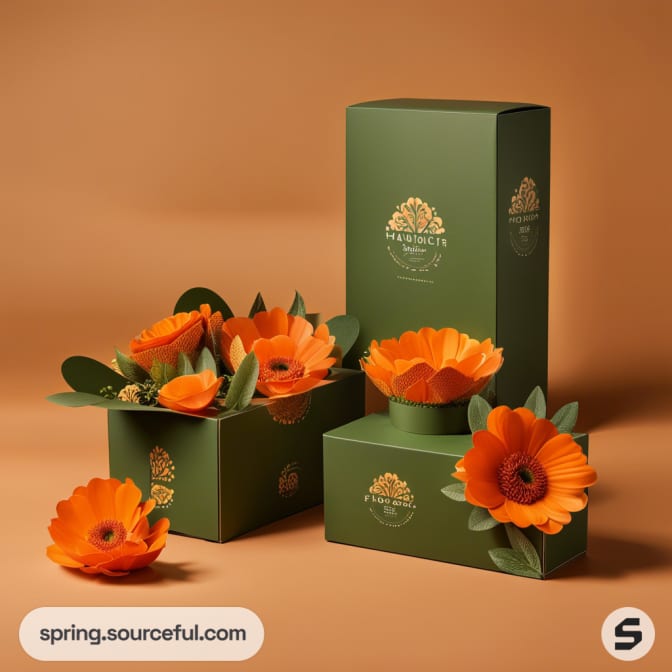 Green packaging boxes with orange flower designs on a brown background.