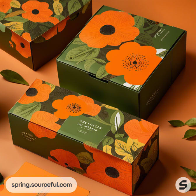 Green and orange floral design mailer boxes on an orange background.