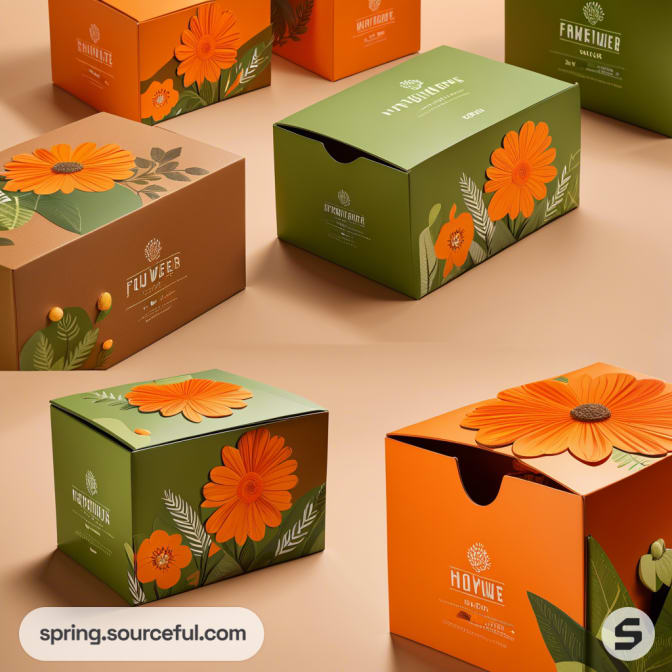 Colorful floral-themed cardboard boxes with orange and green design patterns on a light brown background.