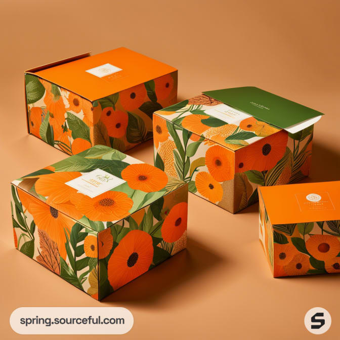 Orange floral mailer boxes on brown background.