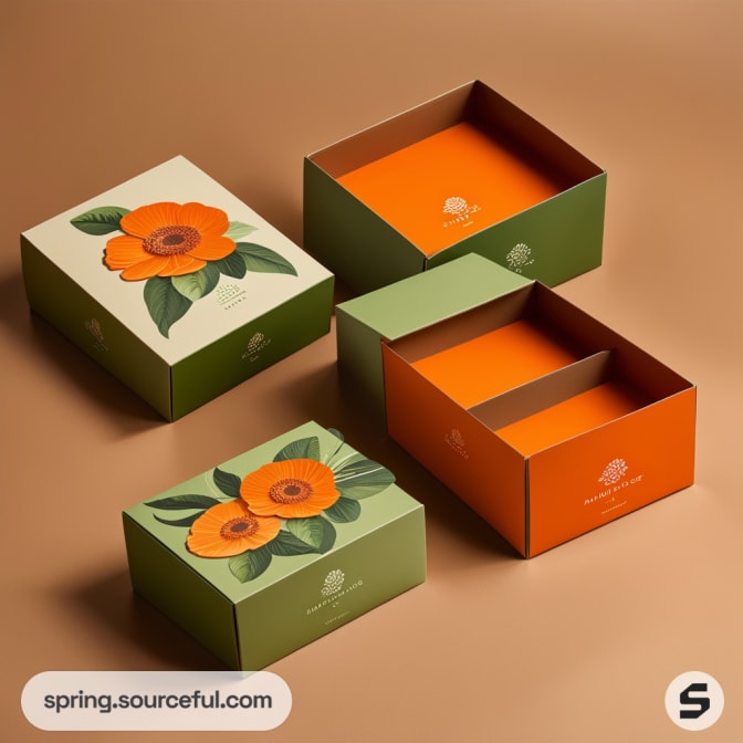 Floral print gift boxes in green and orange with matching lids on a brown background.