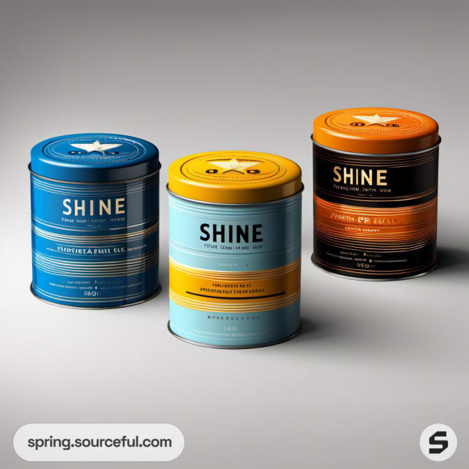 Three cylindrical tins labeled 'SHINE' in blue, orange, and black featuring decorative patterns.