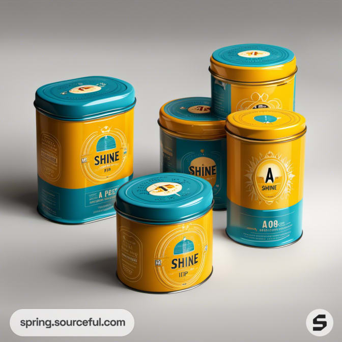 Five assorted tins in blue and yellow colors with 'SHINE' branding and circular patterns.