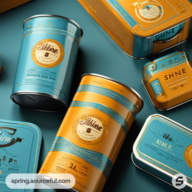 Assorted cosmetic tins in blue and orange with vintage 'SHINE' branding and decorative text.