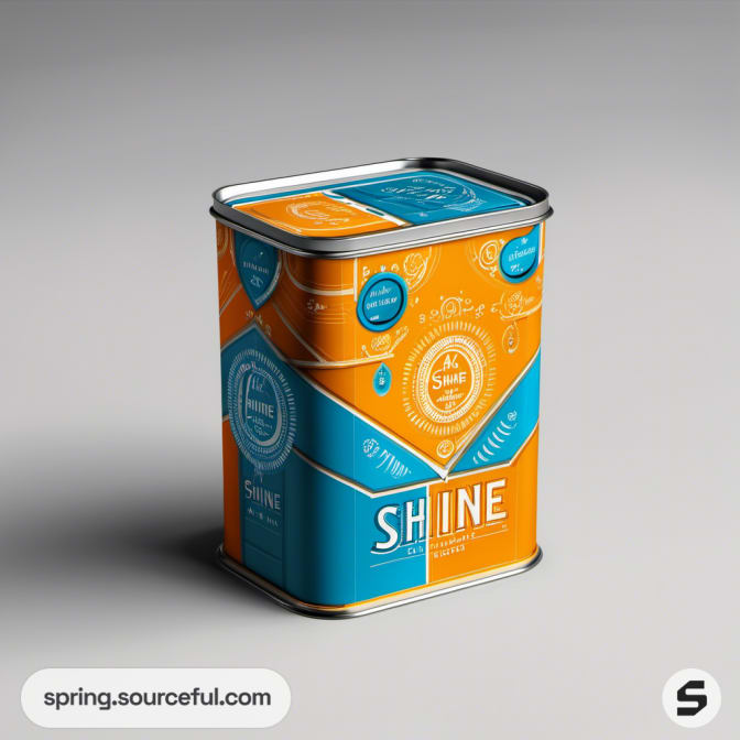 Rectangular tin labeled 'SHINE' with geometric blue and orange design and intricate patterns.