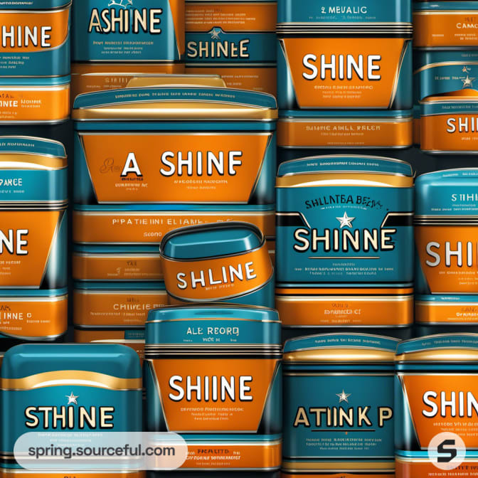 Assorted 'SHINE' tins stacked in an array of blue and orange designs with vintage branding.