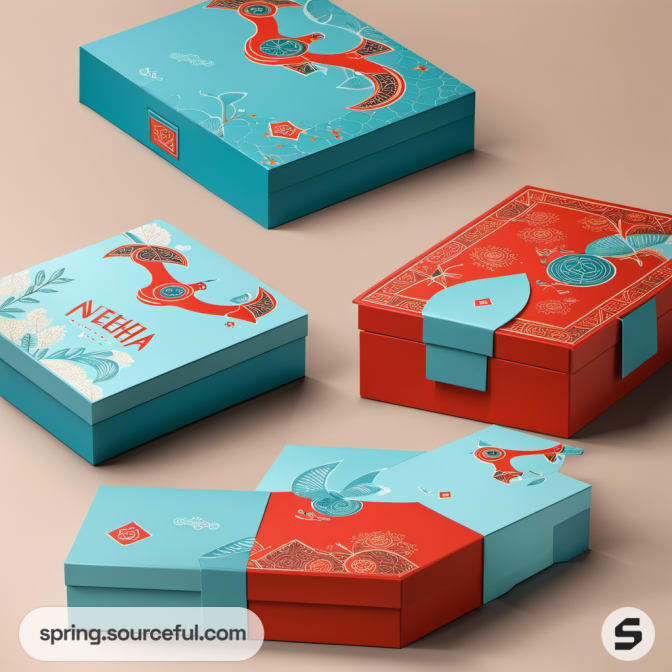 Teal and red decorative box packaging on beige surface.