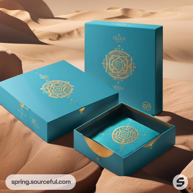 Teal box with gold design in a desert setting.
