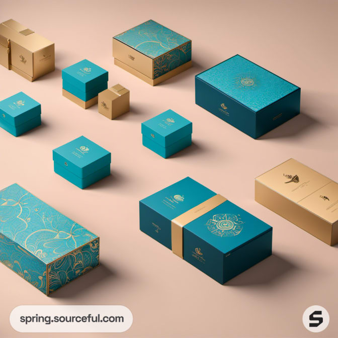 Collection of teal and gold boxes on beige background.