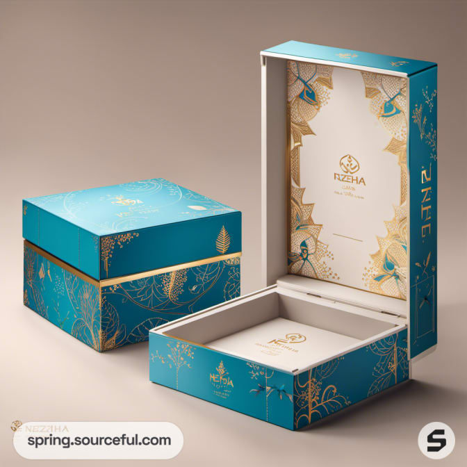 Teal box with intricate gold design, open to reveal interior.