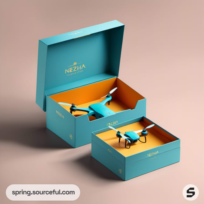 Teal packaging box open, displaying a drone inside.
