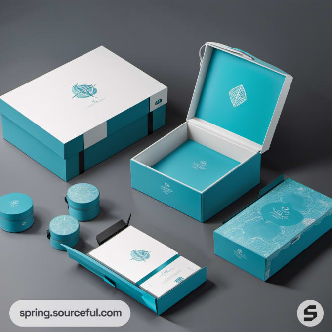 Teal and white packaging box set with geometric designs.