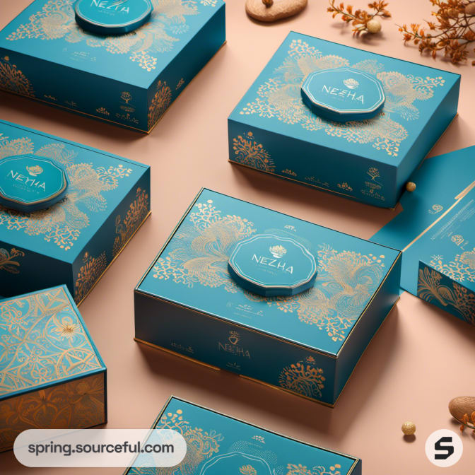 Teal gift boxes with gold floral patterns and circular labels.