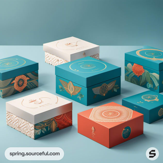 Assorted teal and orange boxes with floral and geometric designs.