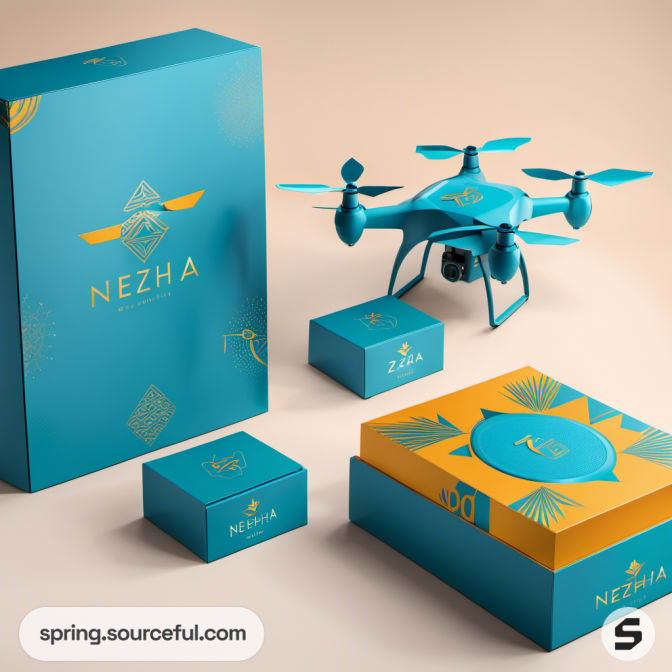 Teal drone and matching packaging with gold accents.