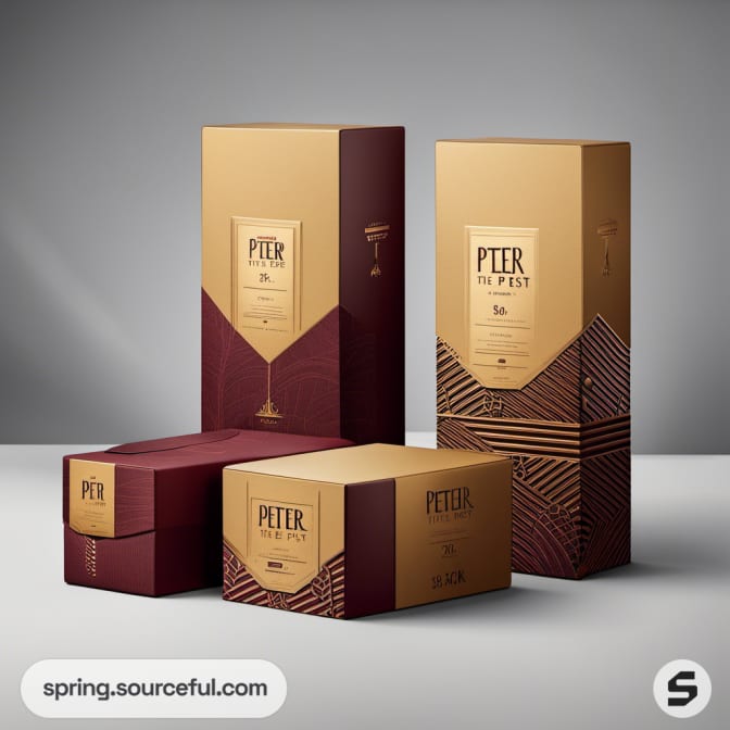 Set of tall burgundy and gold boxes with elegant 'Peter' branding.