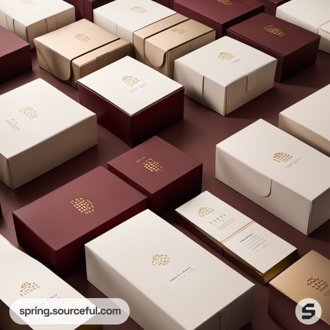 Array of burgundy and cream boxes with gold accents, geometric design.