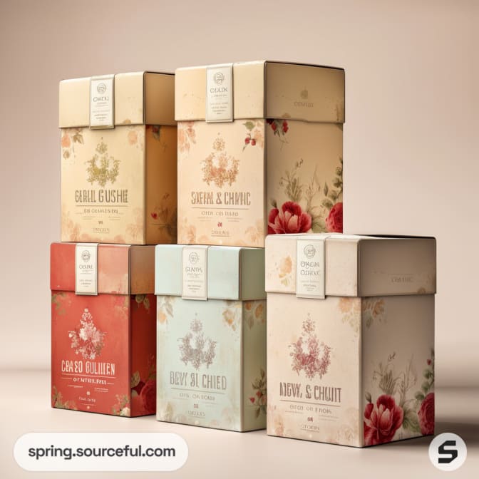 Stack of floral-themed, pastel-colored boxes on a neutral background.