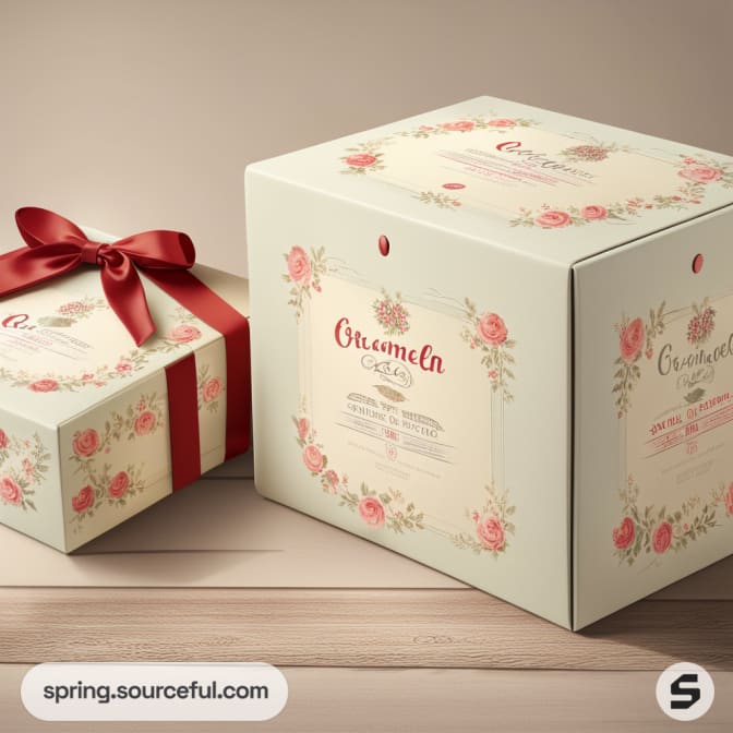 Floral-patterned square boxes with red ribbon, featuring a romantic design on a wood surface.