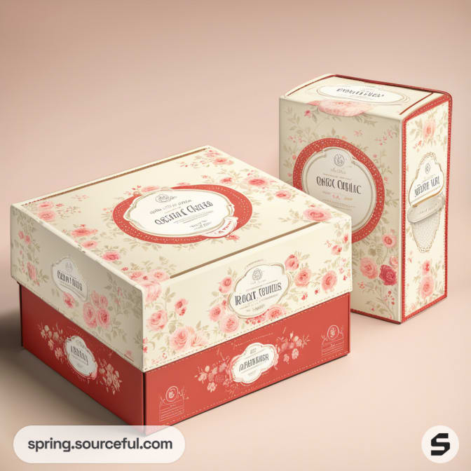 Floral-themed decorative box set with ornate labels and a vintage design on a red and cream background.