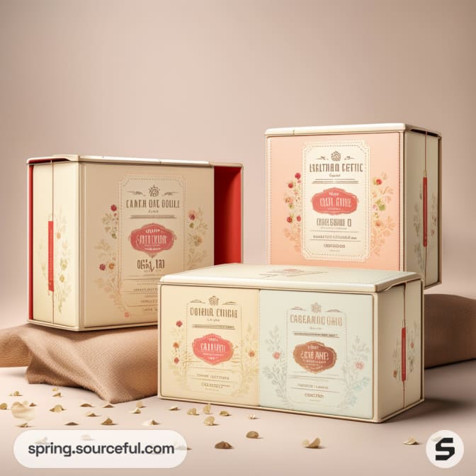 Elegant gift boxes with floral labels on a fabric background.