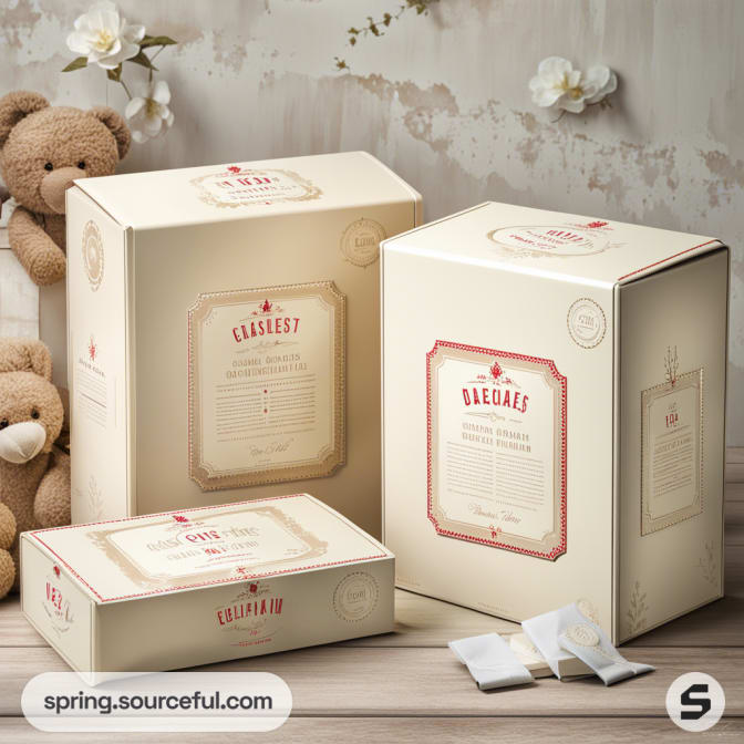 Elegant cream-colored packaging with vintage red accents, fine print, and teddy bears in the background.