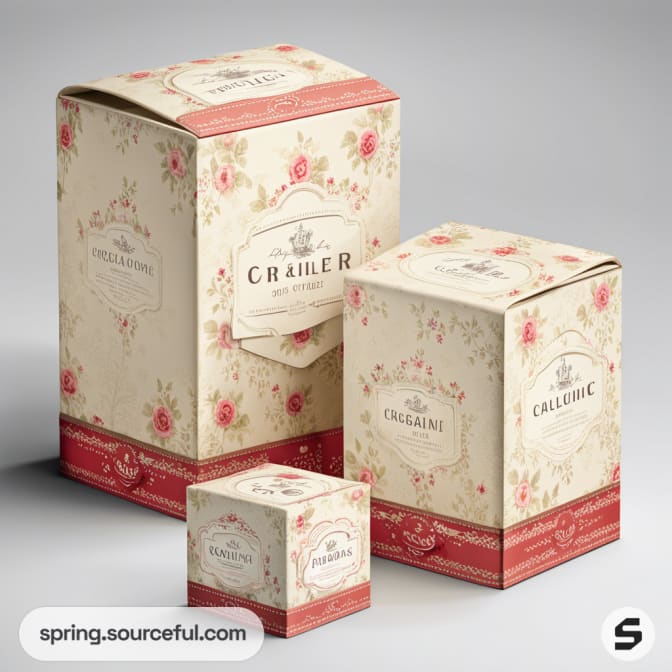 Floral vintage-style cream boxes with pink accents in various sizes on a gray background.