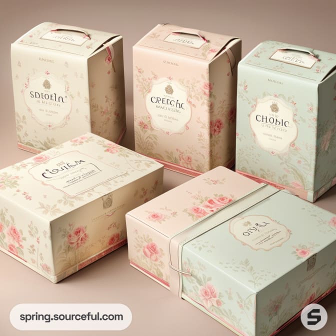 Assorted floral patterned pastel gift boxes with handles and tags.