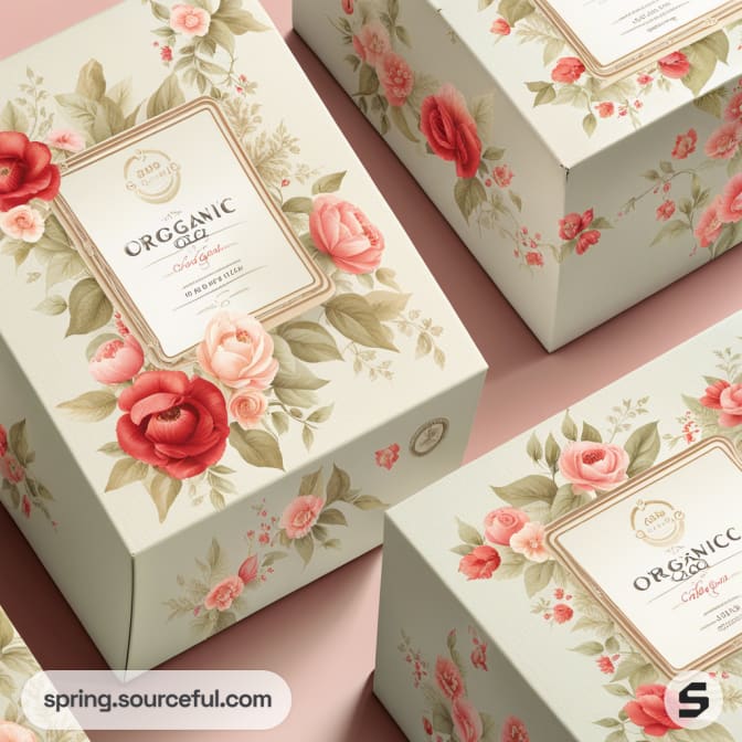 Floral-patterned boxes with green background and roses; labeled 'Organic' with elegant design.