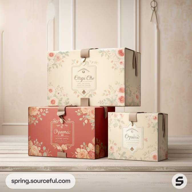 Stack of three floral patterned mailer boxes in peach, cream, and red, with elegant labels and decorative ribbons.