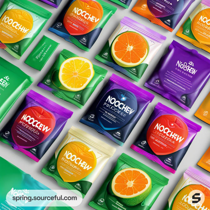 Assorted gummy bags with citrus fruits.