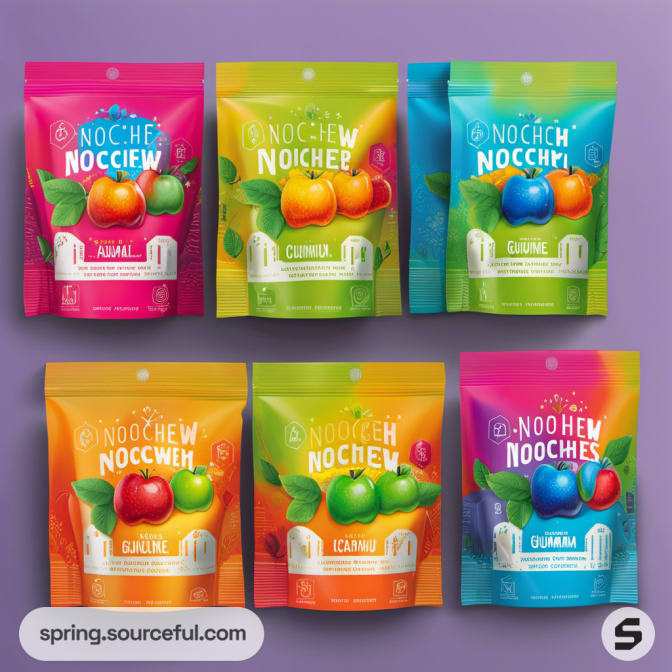 Six vibrant resealable candy bags.