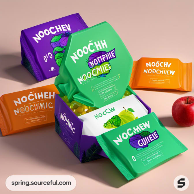 Gummy packaging with apple and orange motifs.