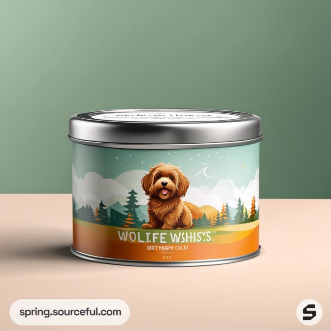 Round tin with dog and forest landscape design.