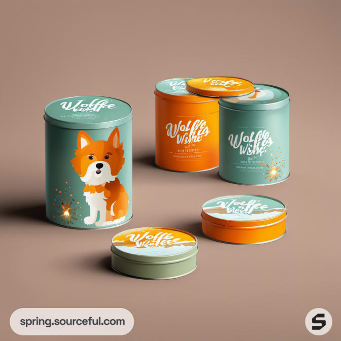 Round tins with dog illustration and bright colors.