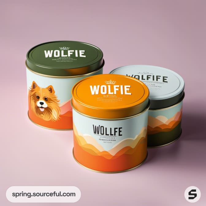 Three round tins with dog illustrations and mountain designs.