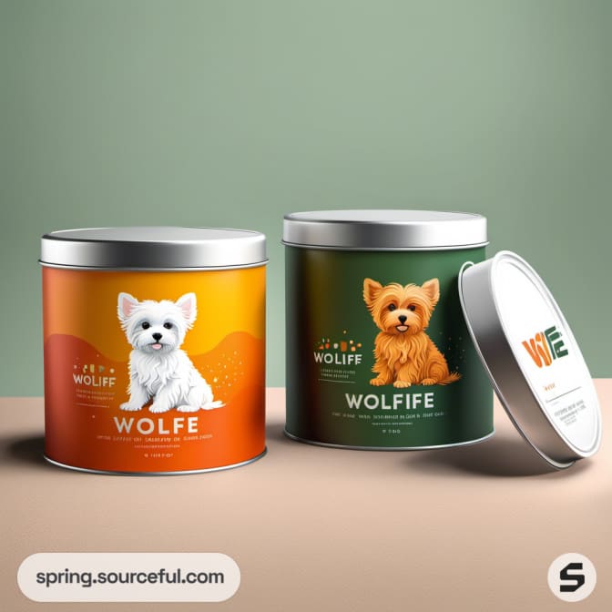 Two round tins with small dog illustrations.