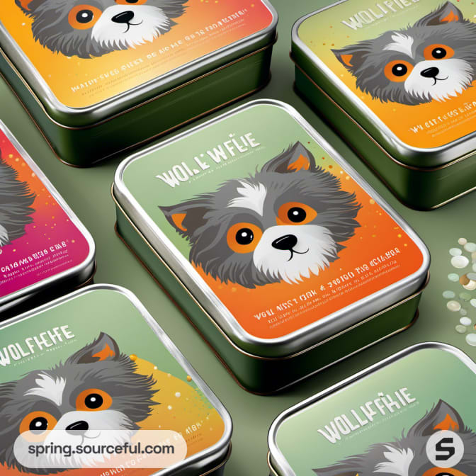 Rectangular tins with fluffy dog illustrations.