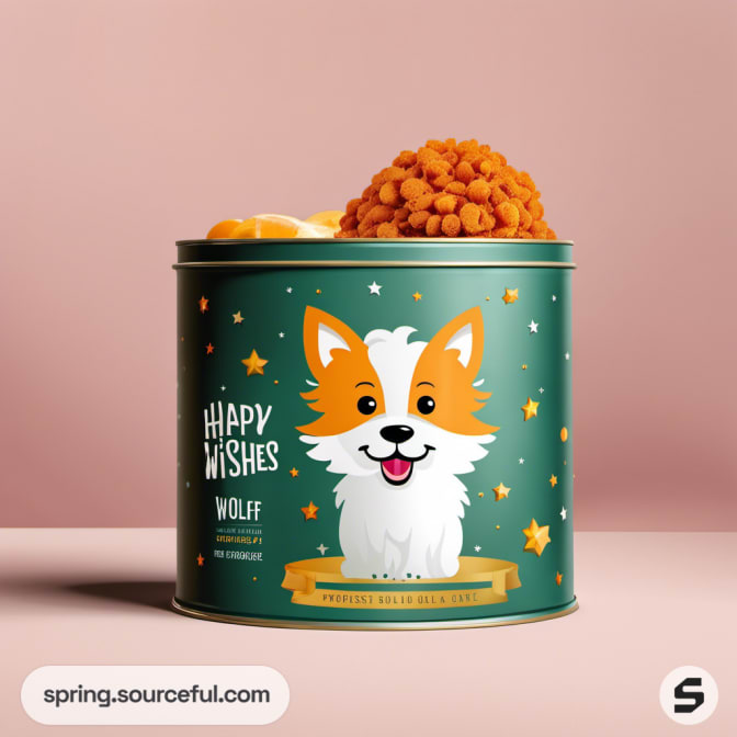 Green round tin with dog illustration and star accents.