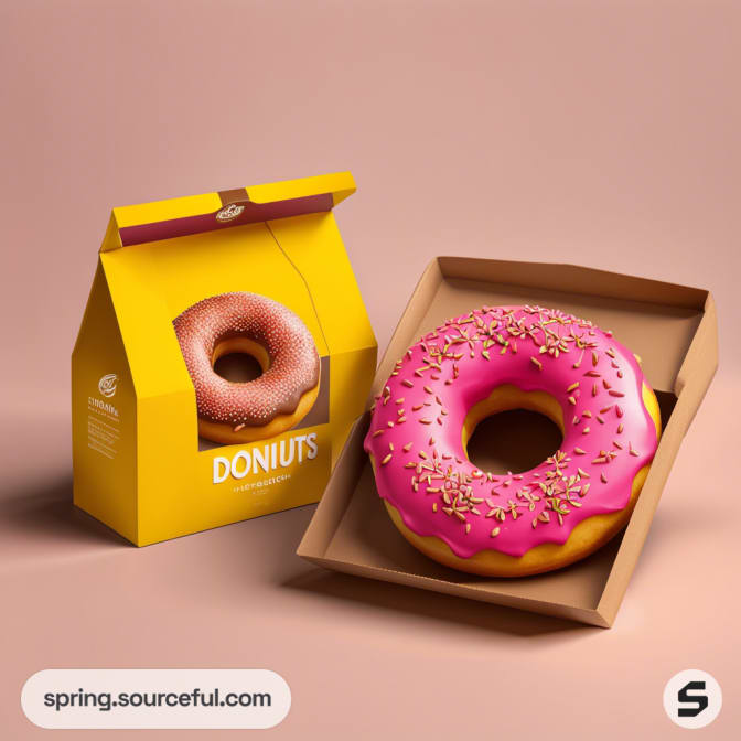 Yellow donut box with pink sprinkled donut on brown surface.