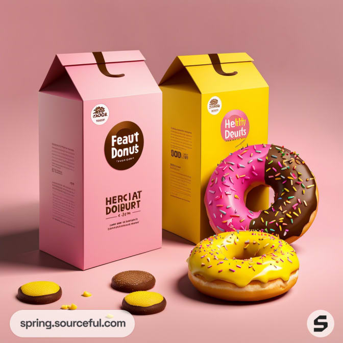 Pink and yellow gable boxes labeled for donuts with two decorated donuts and sandwich cookies on a pink background.