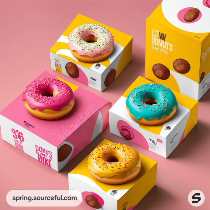 Four donut boxes with pink, blue, and yellow donuts topped with sprinkles on a pink background.