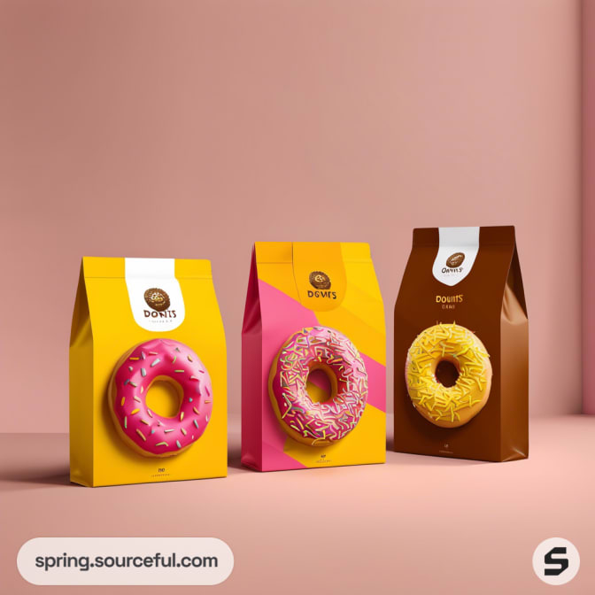 Three colorful donut packaging bags against a pink backdrop, featuring pink, yellow, and chocolate donut designs.