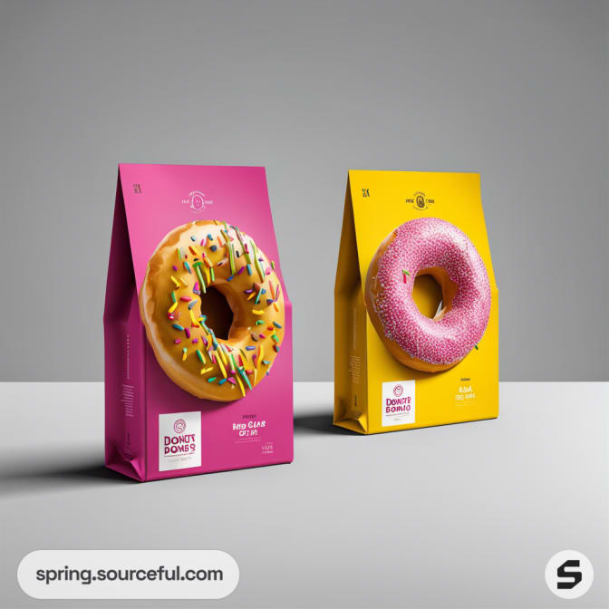 Two colorful tote bags featuring brightly colored donuts, one pink and one yellow, with confetti sprinkles.