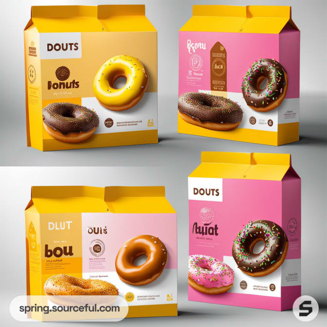 Four colorful donut packaging boxes with images of various donuts and bright backgrounds.